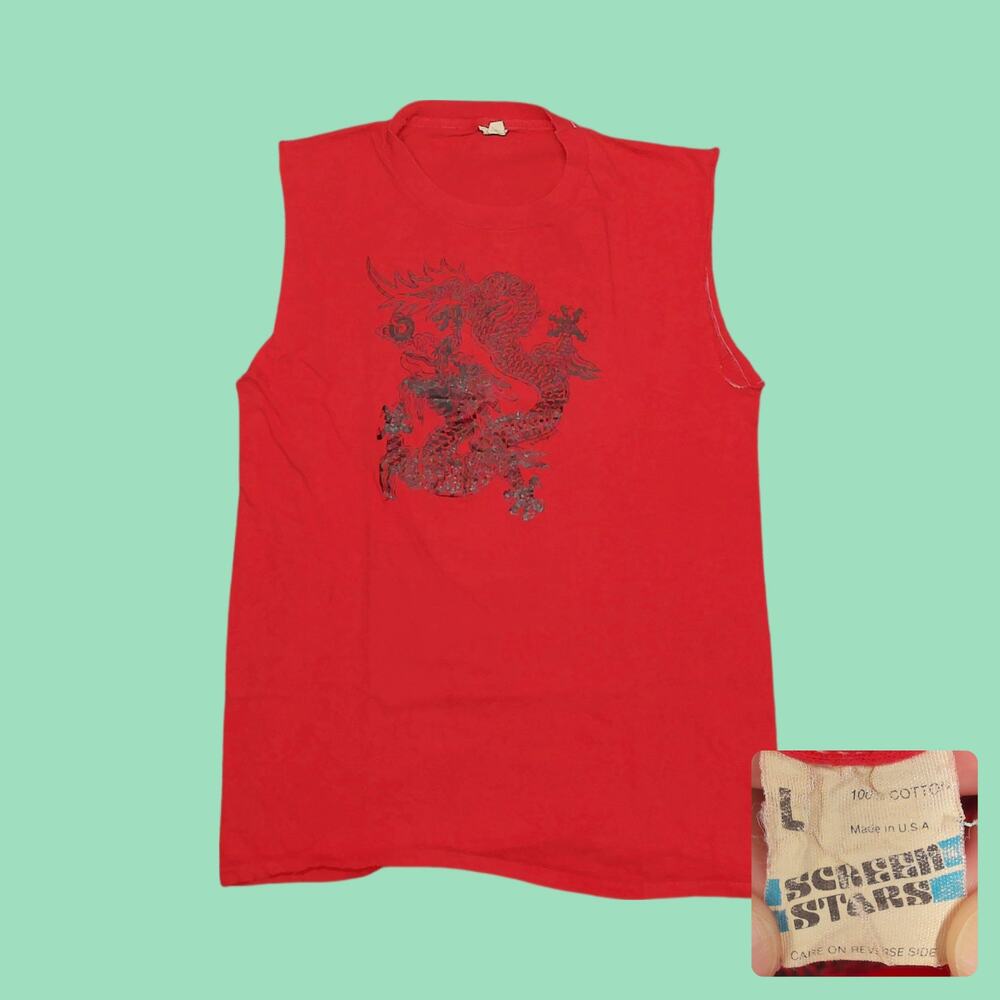 Vintage 70s Screen Stars Dragon Graphic Cutoff Muscle Tee Red Small